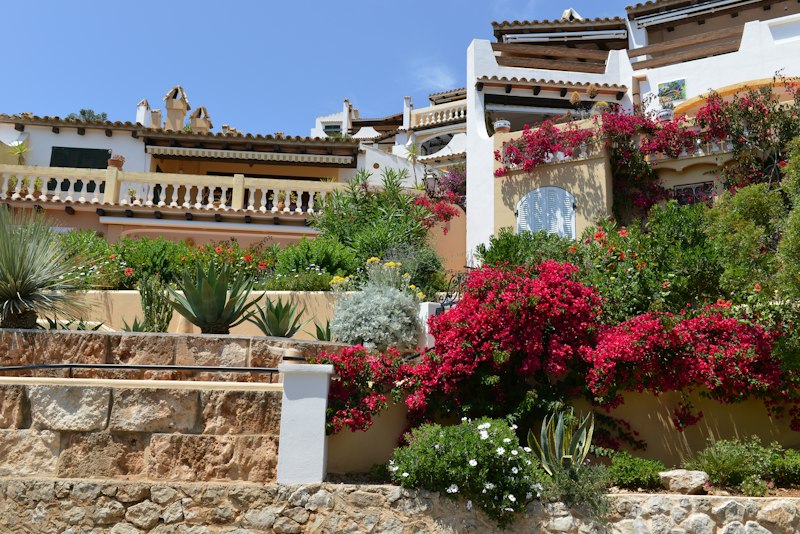 Jardín mediterráneo escalonado con buganvillas junto a una casa de piedra en Mallorca