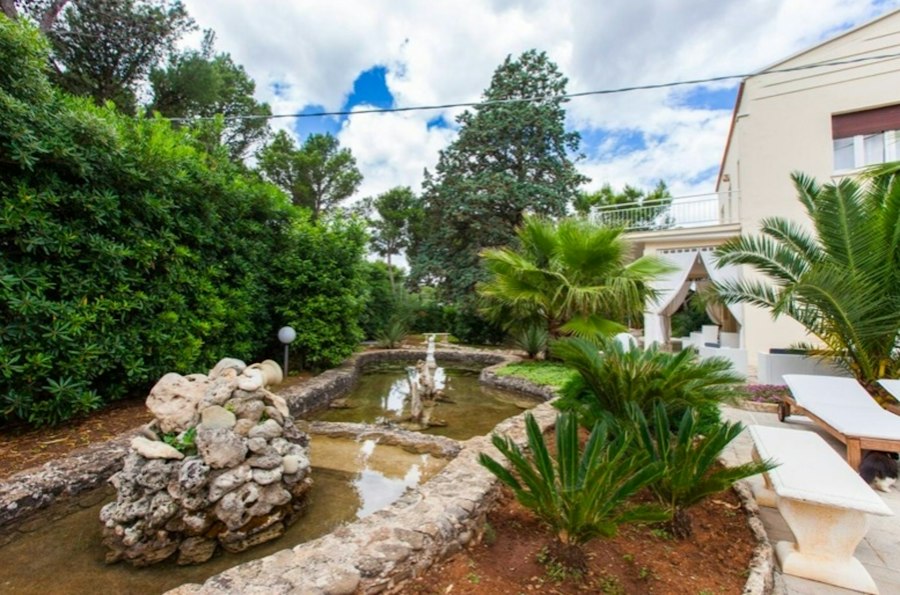 Jardín con palmeras, estanque y vegetación mediterránea bien mantenida